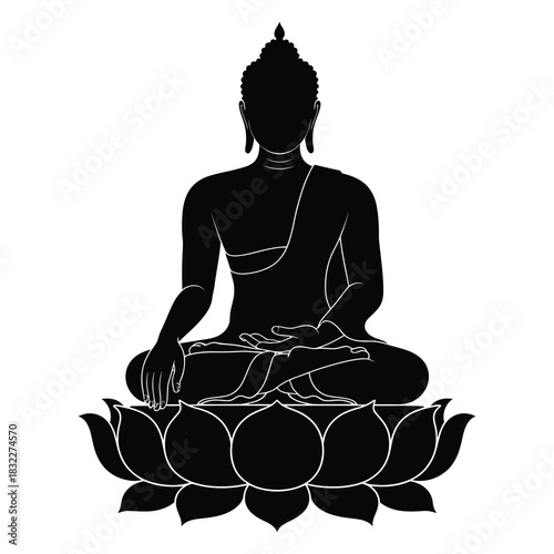 Silhouette of Buddha meditating in yoga pose on lotus vector icon