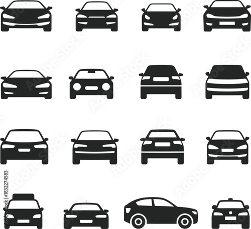 Car icons, vehicle front views, sedan SUV compact, automotive silhouettes, transportation symbols, grille headlight styles, black white line art, UI navigation graphics