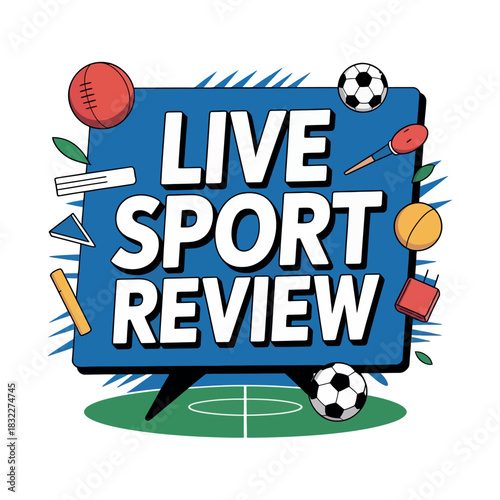 Live sport review screen displaying various sports equipment and text.