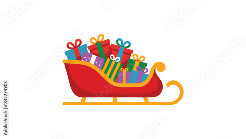 Bright red santa claus sleigh overflowing with colorful wrapped christmas presents and gifts on a white background