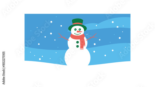 Charming cartoon snowman with a green hat and red scarf stands happily in a snowy winter landscape with falling snowflakes