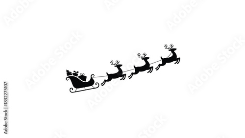 Classic silhouette of santa claus riding in his sleigh pulled by reindeer against a white background