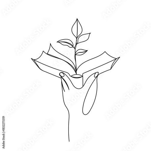 Hand holding open book with a growing plant. Continuous line vector drawing. Knowledge, education and growth concept.
