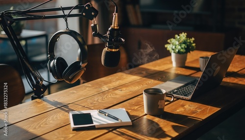Podcast Workspace Still Life: Intimate scene of a podcast studio setup, featuring a microphone, headphones, laptop, notebook and cup, against a backdrop of natural light.