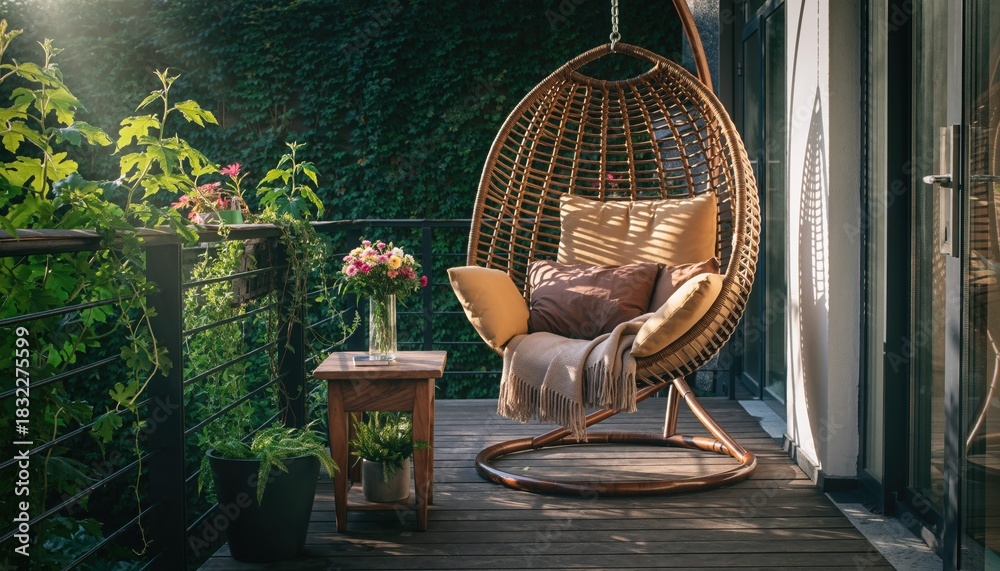 Obraz premium Serene Balcony Retreat: A cozy balcony sanctuary featuring an inviting hanging chair and potted plants, perfect for peaceful moments.