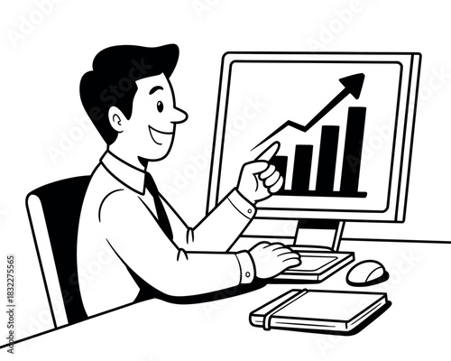 A businessman points to a rising graph on a computer screen, indicating success and growth.