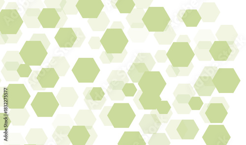 Abstract pattern of soft green hexagons in various sizes, arranged randomly across a white background. The hexagons have different opacity levels, creating a light, airy, and modern geometric look.