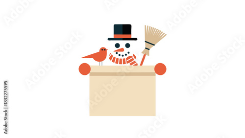 Charming snowman with top hat and broom holding a blank scroll for winter greetings and messages