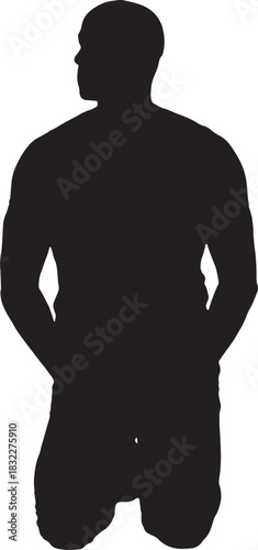 vector, silhouette of front view of a man kneeling and looking away on the floor