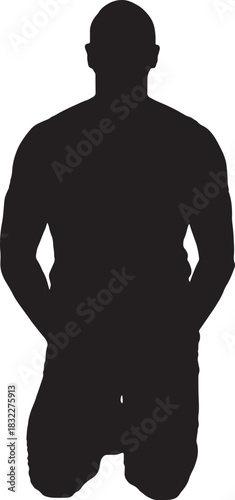 vector, silhouette of front view of a man kneeling and looking at camera on the floor