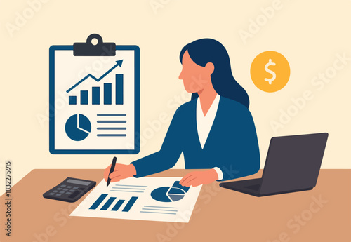  Accountant calculate tax, finance or accounting document, manage invoice, office financial chart and graph, money report or balance audit concept, businesswoman accountant working in the office