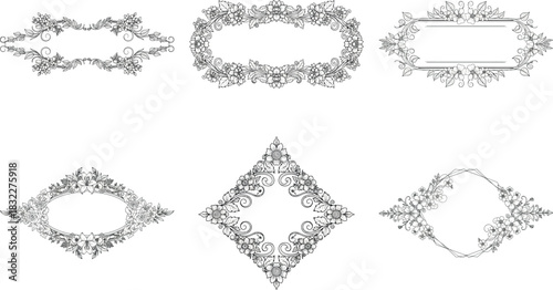 Set of six elegant floral frames isolated on transparent background, perfect for wedding invitations and greeting cards