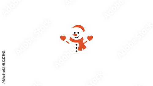 Charming cartoon snowman wearing a red santa hat and scarf with outstretched arms on a white background