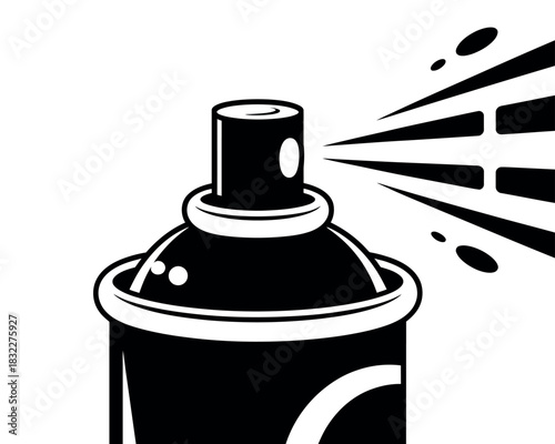A black and white graphic illustration of a spray can emitting a burst of lines and droplets.