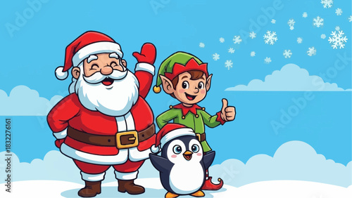 Cartoon santa claus with elf and penguin in a christmas scene with snowflakes and cloudy sky background