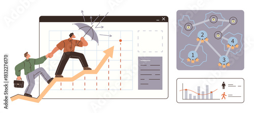 Two professionals climbing an upward chart, using strategy and support to shield from challenges, accompanied by network mapping and performance graphs. Ideal for success, leadership, teamwork