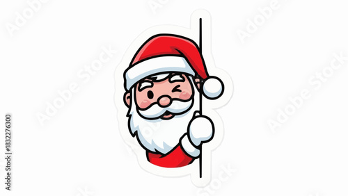 Cartoon santa claus winking and peeking from behind a vertical line with a white background color