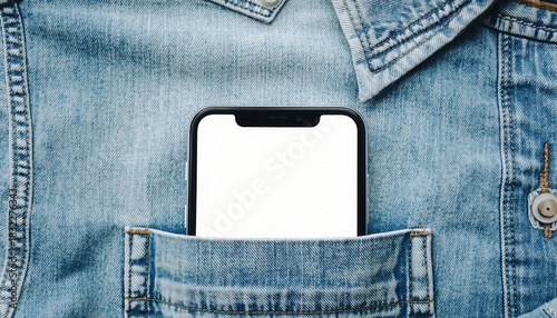 Smart Phone in Pocket: A modern smart phone with a blank screen, nestled within the pocket of a classic denim jacket, signifying digital connectivity and on-the-go technology.