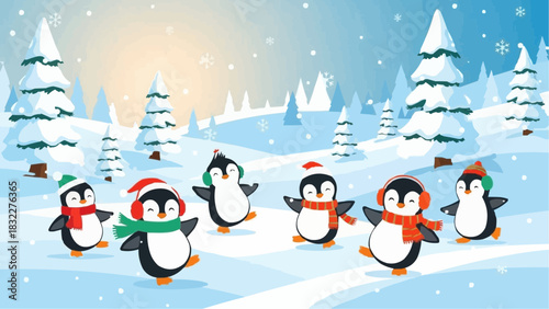 Cartoon penguins wearing hats and scarves ice skating in a snowy winter wonderland landscape scene design