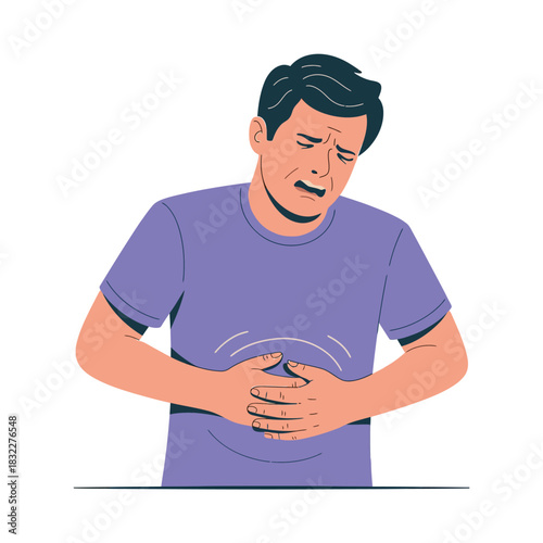A man experiencing abdominal pain and discomfort holds his stomach.