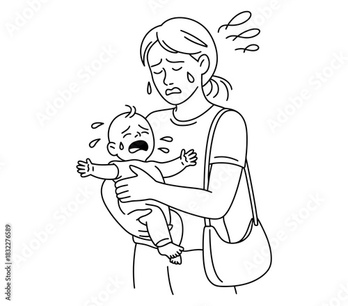 A stressed mother holds her crying baby with sweat drops indicating heat or exertion