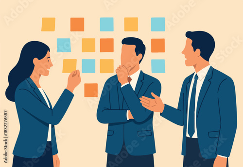  Agile scrum, sprint or idea brainstorming, teamwork planning development meeting, team meeting workflow or improvement feedback, business people team brainstorm and discuss on sticky notes.
