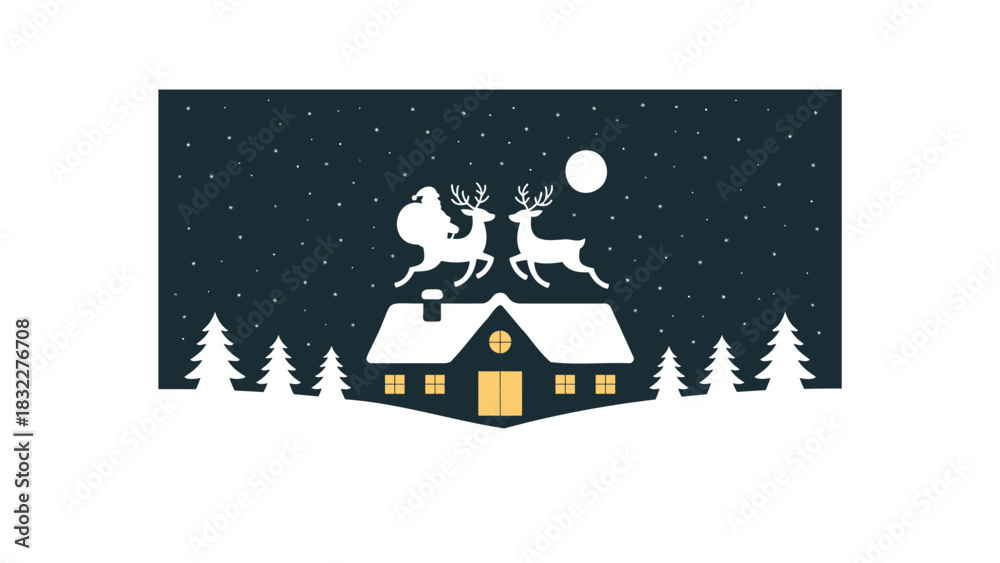 Fototapeta premium Whimsical silhouette of santa claus and reindeer flying over a snow covered cabin at night with falling snow