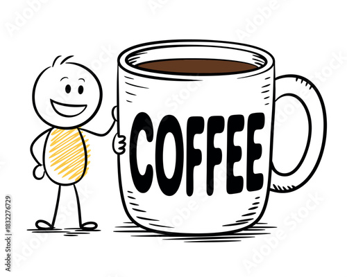 A smiling stick figure stands next to a large mug labeled "COFFEE".
