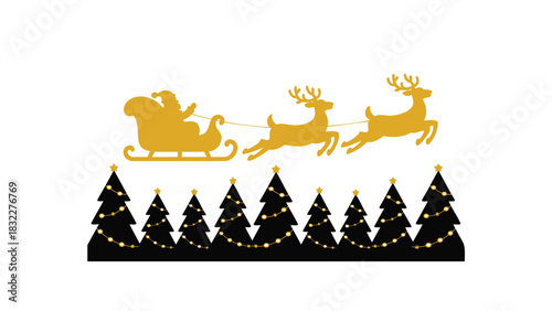 Golden silhouette of santa claus in his sleigh pulled by reindeer flying over a festive forest of decorated christmas trees