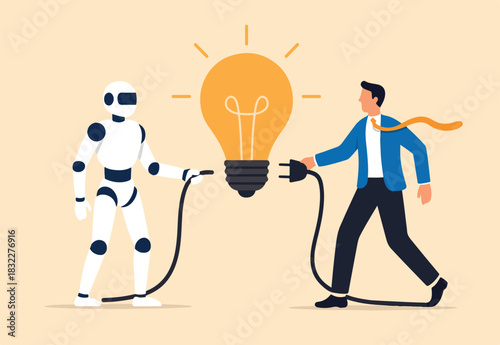 AI Artificial Intelligence support to business success, innovation or technology to get new idea, robot or automation for business concept, businessman plug in lightbulb with robot to work together.