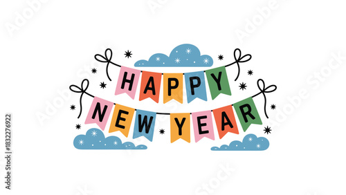 Colorful happy new year bunting flags with clouds and stars celebrating festive event