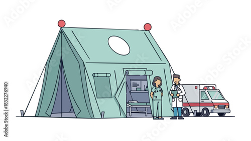 Mobile health clinic tent with medical staff and ambulance outside  