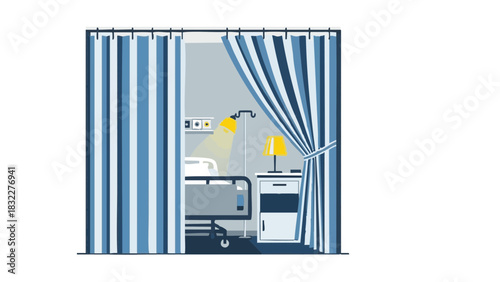 Hospital room with curtain divider and medical equipment inside  