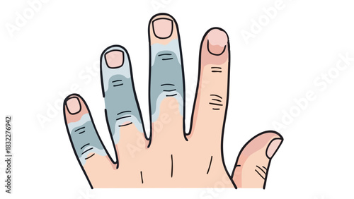 Close-up of hand with frostbite on fingers showing discoloration  