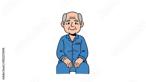 Elderly man sitting with a medical bracelet in a blue outfit  