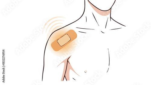 Person with pain relief patch on shoulder illustrating concept of Medicine  