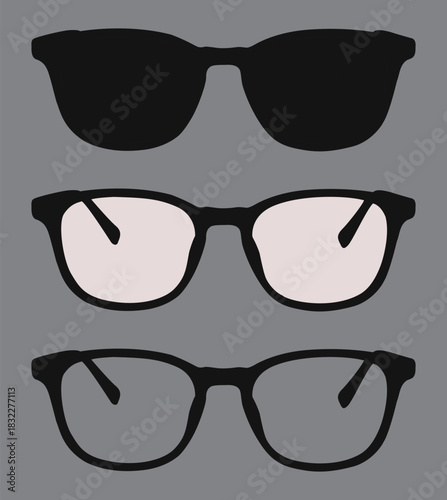 A black glass and white glass with a frame eyewear glasses on a gray background