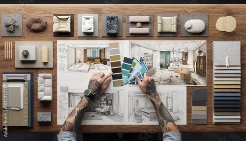 Interior Design Concept: The image portrays an interior design concept, where hands work on drawing and design sketches, surrounded by furniture samples and color palettes
