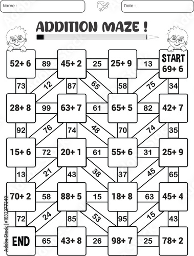 Addition maze puzzle game worksheet for child
