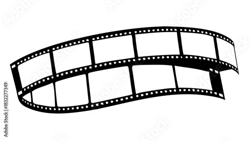 A black and white film strip with rectangular frames and small holes in a curved shape design element