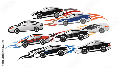Group of stylized cars in various colors with speed trails behind them racing together in a pack