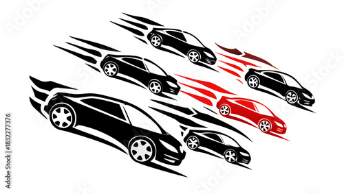 Stylized racing cars in black and red with flame trails speeding diagonally across the image plane