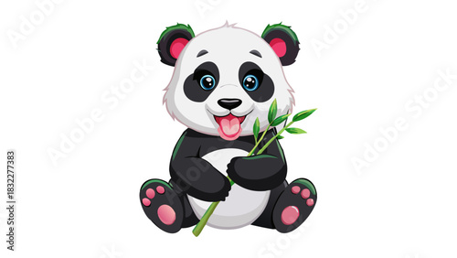 Cartoon panda sitting and holding bamboo with tongue sticking out and big blue eyes looking up