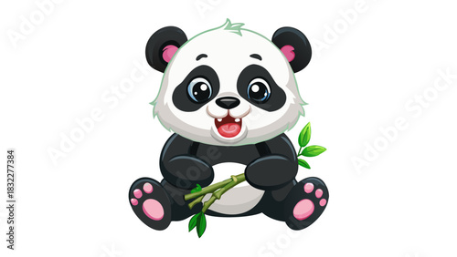 Cartoon panda with bamboo stalk sitting down looking forward with a white background and happy expression