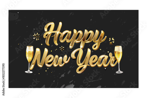 Golden happy new year text with champagne glasses on a dark festive background for celebration 100