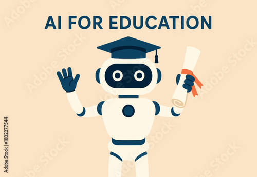 AI for education, Artificial Intelligence for academic learning or teaching innovation, education tech software using AI for school student, robot AI with graduated mortarboard hold diploma degree.