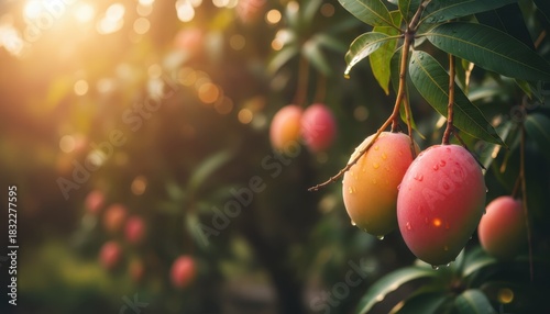 Close-up of ripe mangoes hanging on a tree branch at sunset. Tropical fruit garden with warm sunlight and copy space.