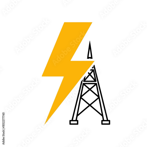 Dynamic electric power symbol with bold lightning bolt and transmission tower for energy solutions, innovative technology, and sustainable power generation