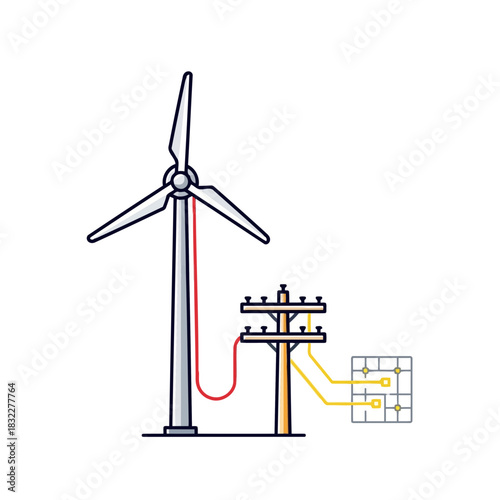 Harnessing Clean Energy from Wind Power: Modern Wind Turbine Connected to Grid, Illustrating Sustainable Energy Solutions and Green Technology for Future Power