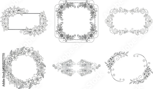 Collection of six floral frames with different shapes isolated on transparent background, perfect for wedding invitations